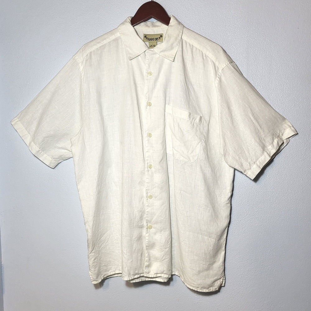 Paradise Coves Mens White Linen Short Sleeve Button Down Shirt Pocket Large